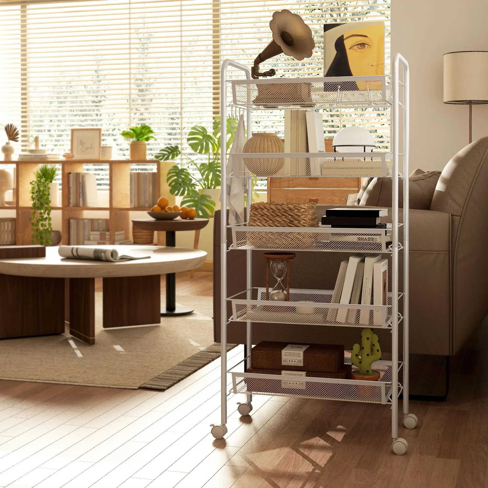 Carrito de almacenamiento de acero inoxidable blanco de 5 niveles con ruedas, apilable, para cocina, oficina, garaje y artículos diversos.