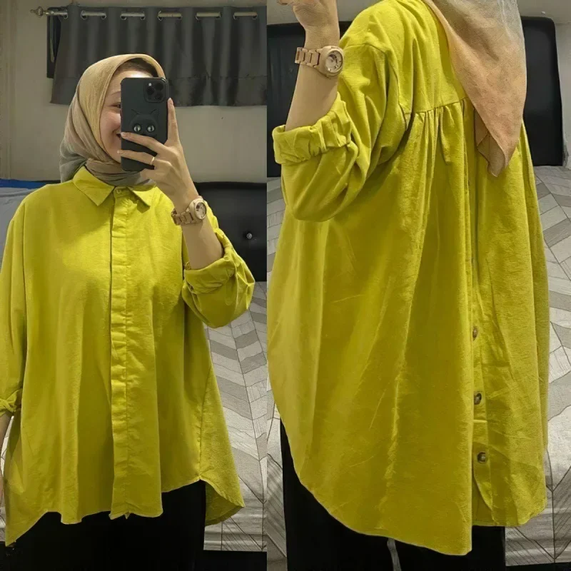 Women Eid Muslim Tops Single Breasted Button Blouses Cardigan Loose Casual Kaftan Retro Dubai Solid Long Sleeve Spliced