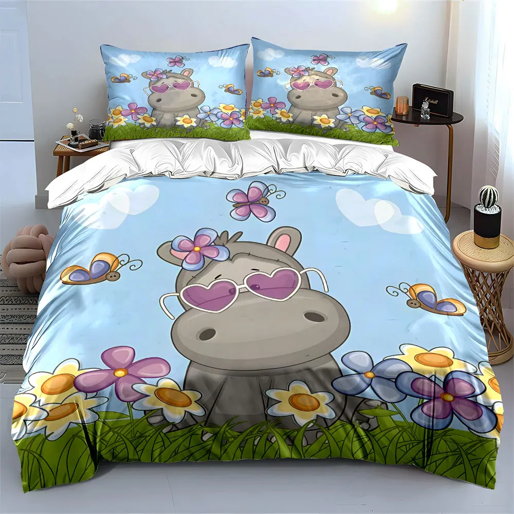 

Cartoon Cute Hippo and Butterfly Print Soft Comfortable Duvet Cover Bedding Set Included 1*Duvet Cover 2*Pillowcases