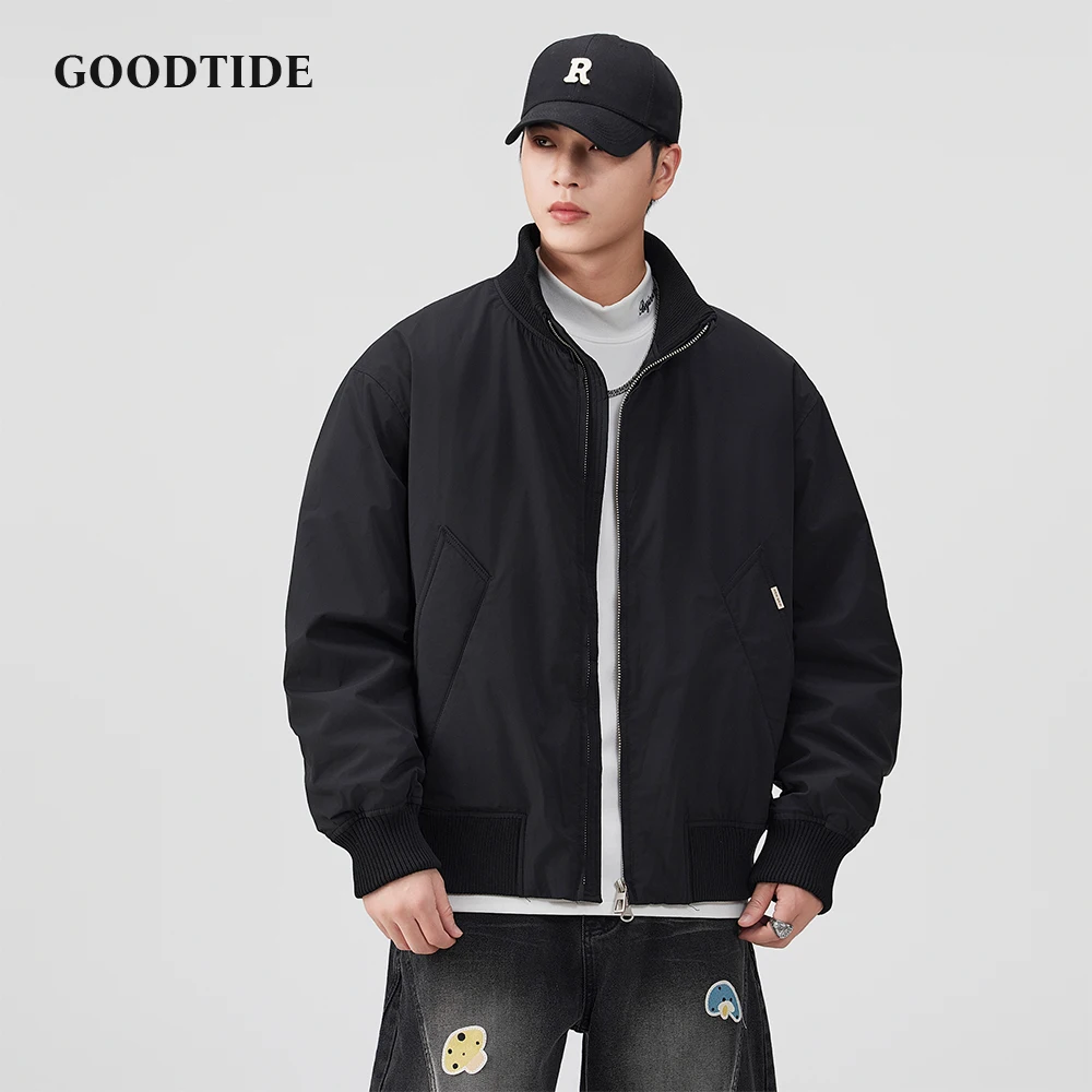 

Fashion Men's Casual Zip Up Bomber Jacket 2025 Winter New Ribbed Hem Stand Collar Loose Fit Design Men Warm Down Jacket Top