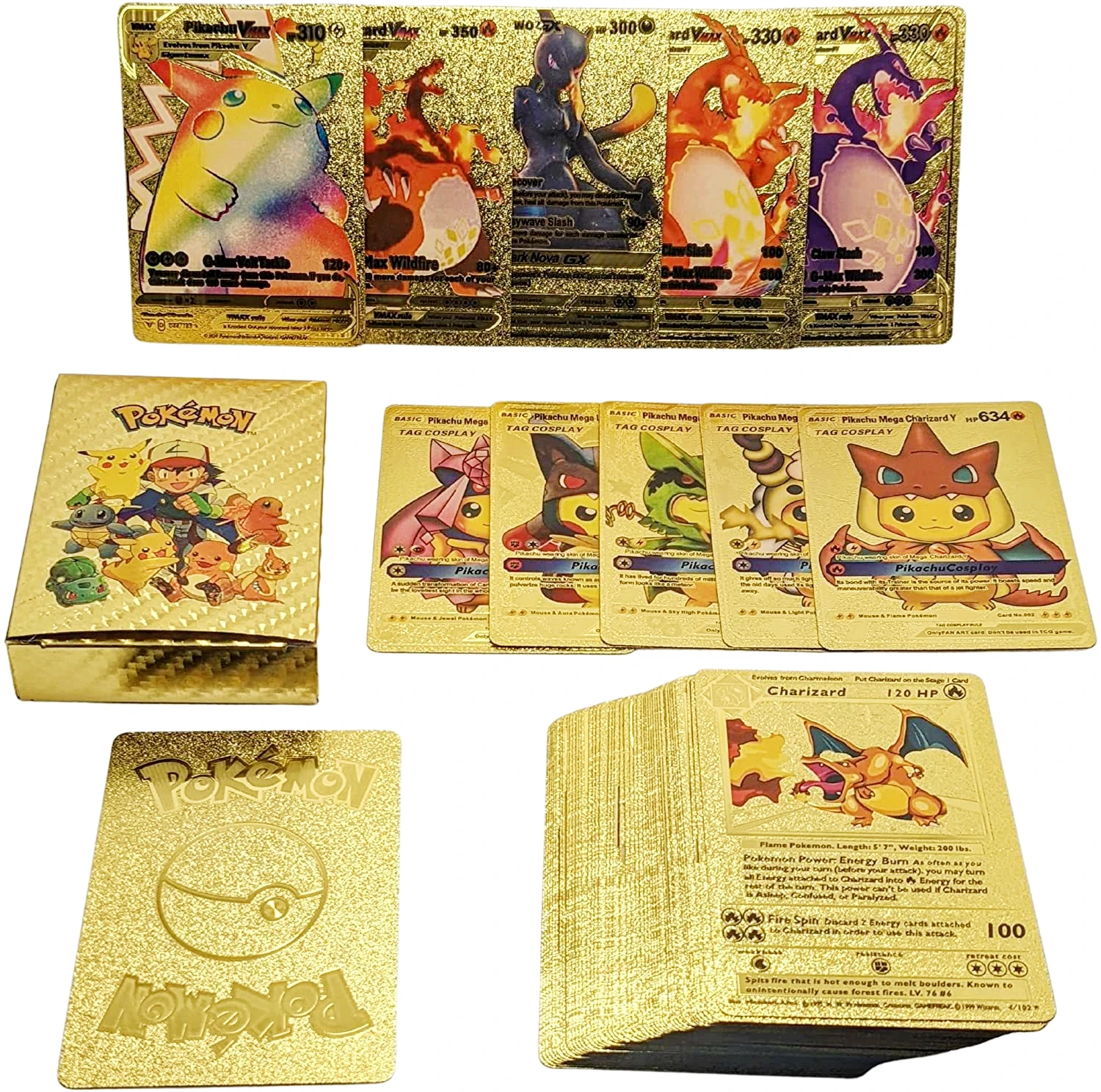 Cartas de Pokémon de lámina dorada, tarjetas VMAX GX, inglés, francés, alemán, español, Charizard, Pikachu, Arceus, regalo, 27-110 piezas