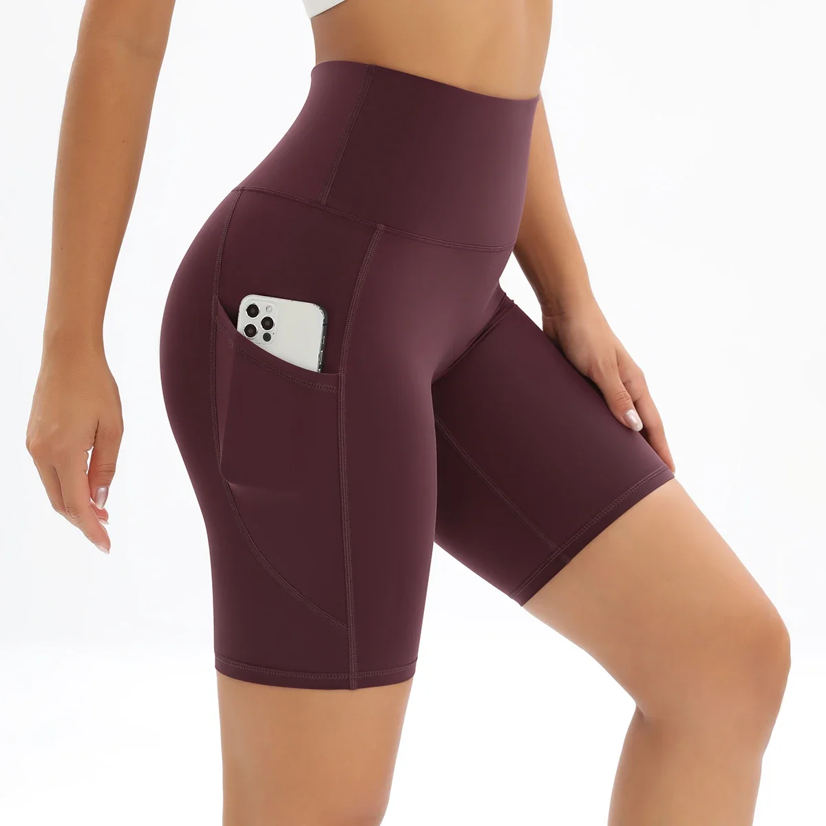 

Quick-drying breathable yoga shorts hip pocket running fitness shorts nude high waist tight sports cycling pants
