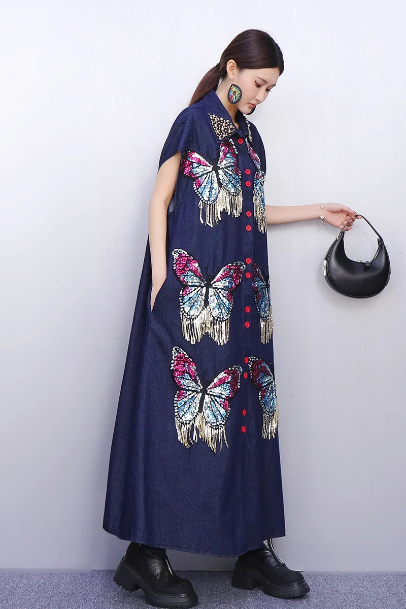 2025 Herfst Nieuwe Elegante Mode Vrouwen Denim Losse Shirts Lange Jurken Vrouwelijke Lange Mouw Jurk Groothandel J2022