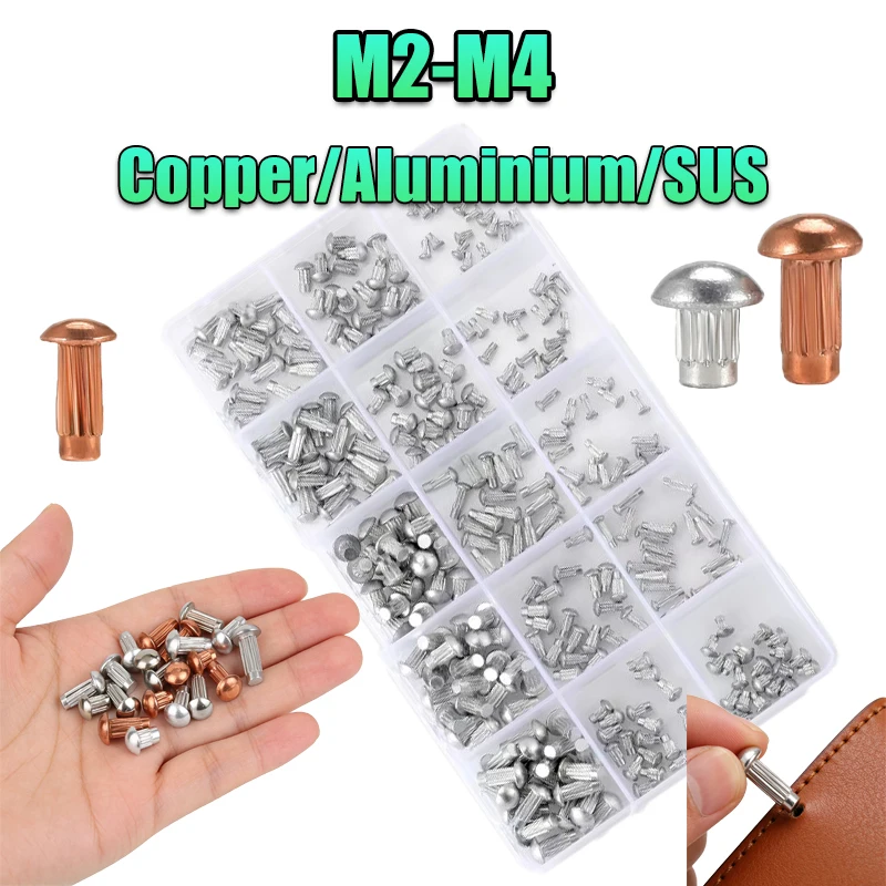 230/300pc M2-M4 Aluminum/Copper/SUS Button Round Head Knurled Shank Solid Rivet Assortment Set for Label Name Plate GB827