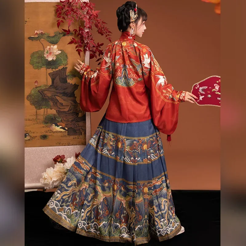 Hanfu women red Fengqiuhuang Ming-made stand-collar double-breasted blouse with pipa sleeves for autumn and winter