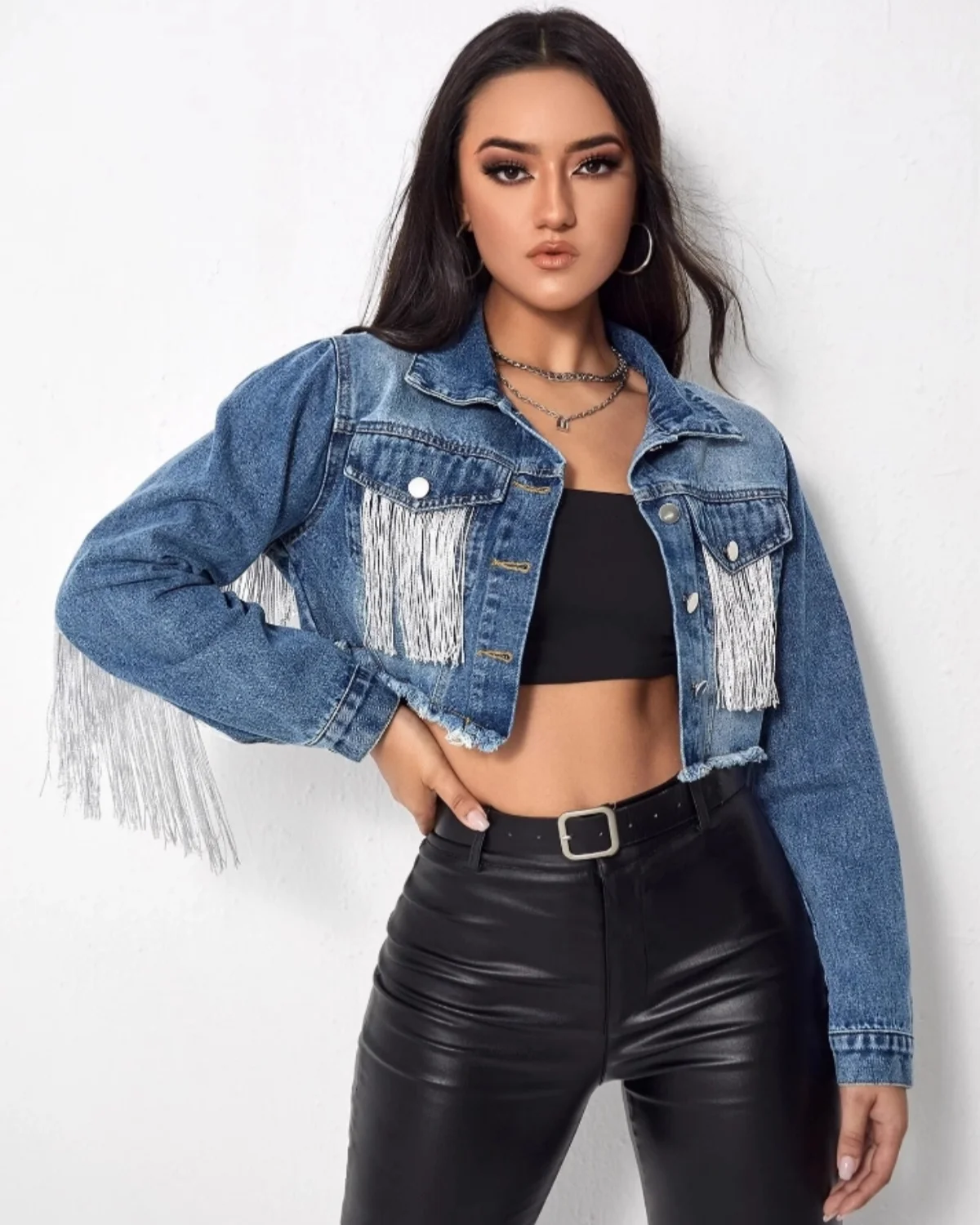 

Осень 2024, новый стиль, джинсовая куртка для женщин, винтажный джинсовый топ с модной универсальной джинсовой курткой с кисточками