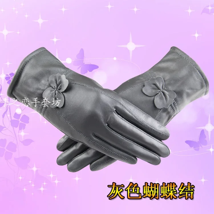 Genuine Leather Gloves Women's Thermal Winter Fashion Short Design Bowknot Sheepskin Gloves Real Sheep Leather g593