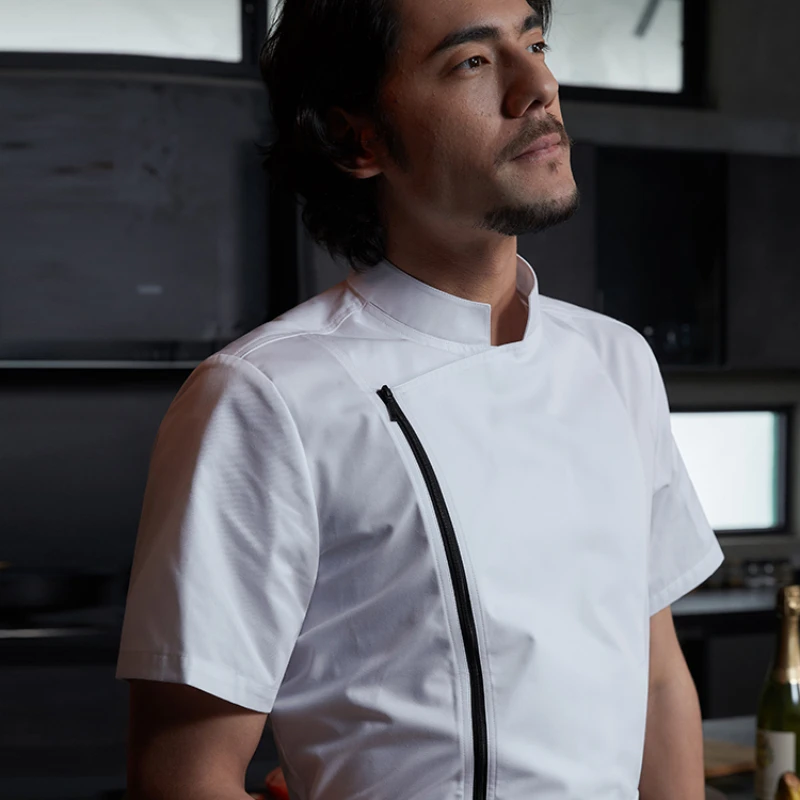 Veste de Chef professionnelle avec fermeture éclair pour femmes et hommes, uniforme de serveur de cuisine à manches courtes/longues pour hôtel, Restaurant