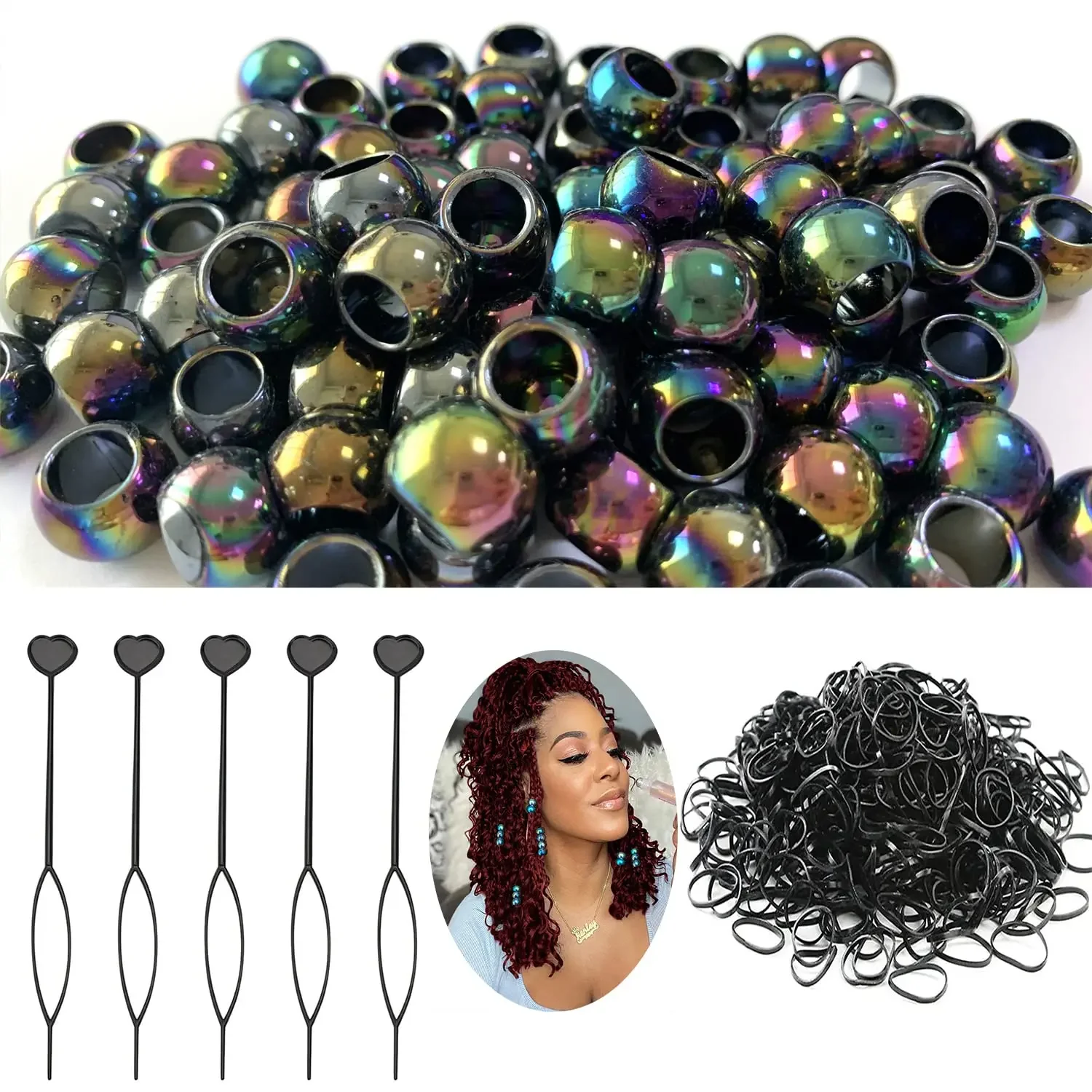 

50Pcs Black Pony Hair Beads Kit for Braids Girls Including 50Pcs Mini Rubber Bands Elastic Bands Quick Beader for Women Girls