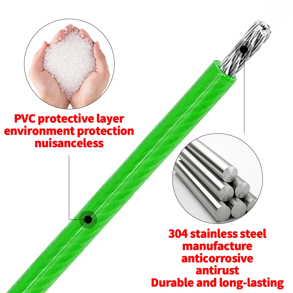5-100M 2/3/4/5/6mm Steel Wire Rope Green Coated PVC Plastic Coated Stainless Cable With Super Strong Load-Bearing Capacity