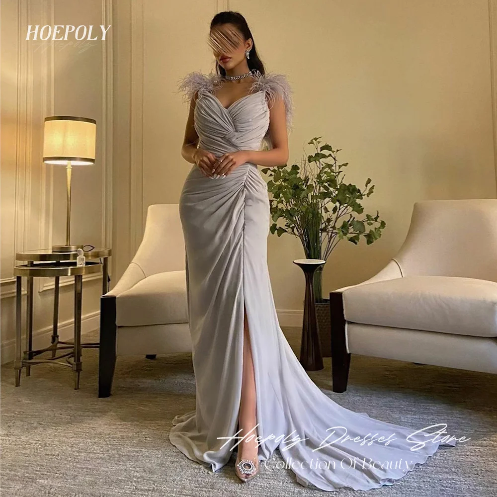 

Hoepoly Chiffon Mermaid V-neck Feathers Ruffle Prom Gown Floor-length Saudi Elegant Formal Evening Party Dress for Women 2023