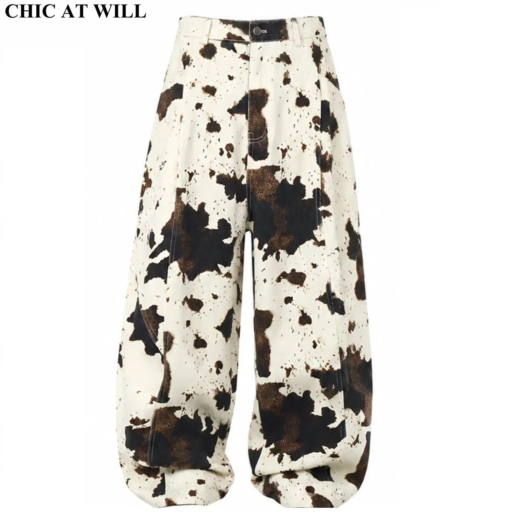 CHIC Y2k Women Baggy Jeans Harajuku Vintage Graffiti Cow Print Denim Trousers Japanese Casual Wide Leg Jeans Men Pants Oversized