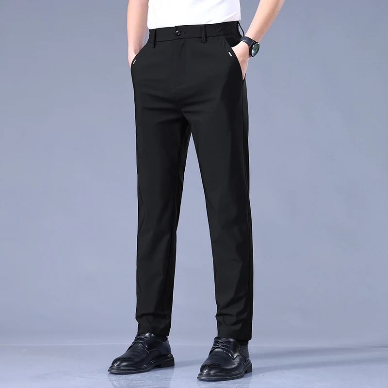 Spring Summer Men's Casual Pants Business Stretch Slim Fit Elastic Waist Jogger Korean Classic Thin Black Gray Trousers Male