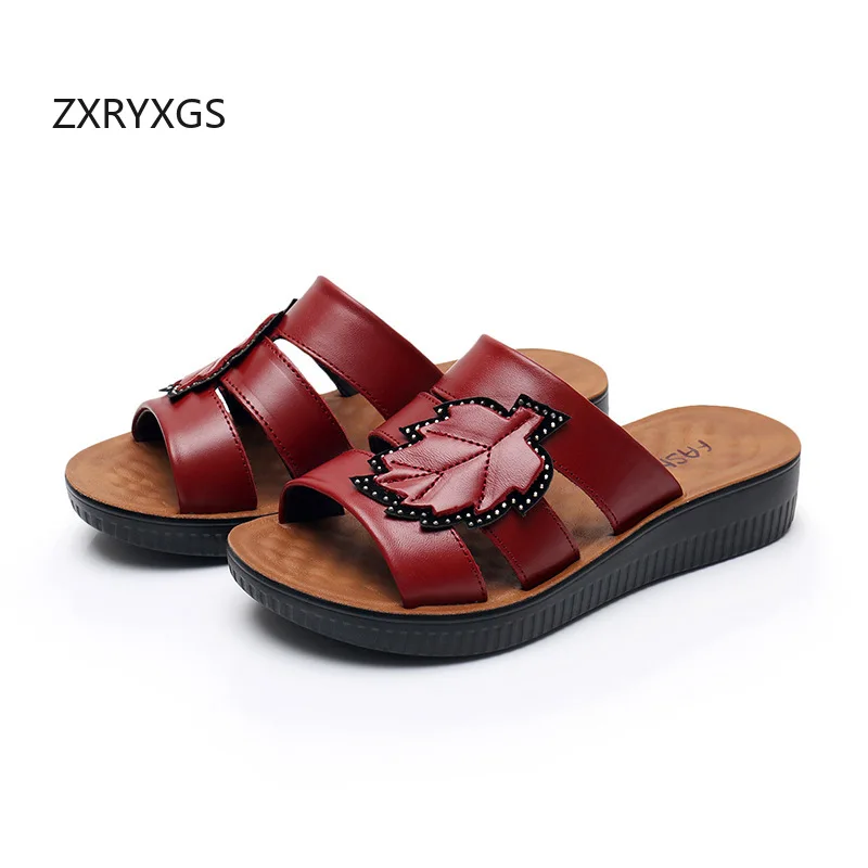 

ZXRYXGS 2025 New Fashion Summer Genuine Leather Slipper Flat Sandals Comfortable Soft Sole Light Wear Outside Slippers for Women