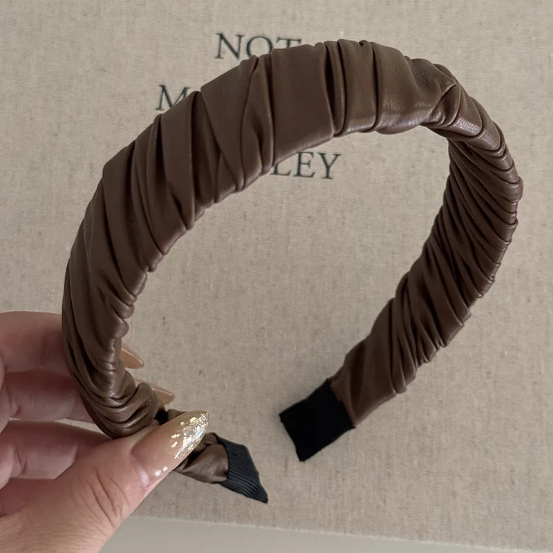 French Style Wide-Brimmed Elegant Leather Pleated High Skull Top hairhoop New High-Grade Autumn and Winter Headband for Women