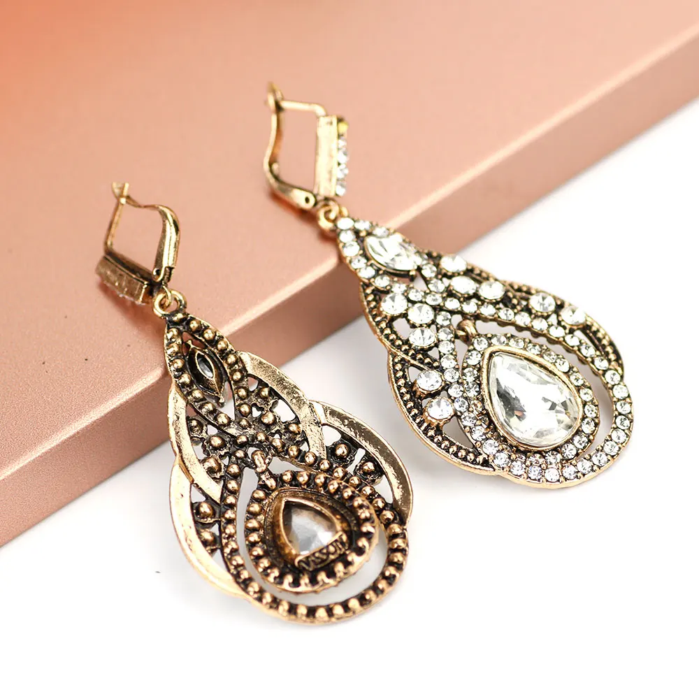 Sunspicems Bohemia Rhinestone Drop Earring Gray&White Crystal Bohe Women Bride Wedding Jewelry Tulip style Turkish Earring Gift