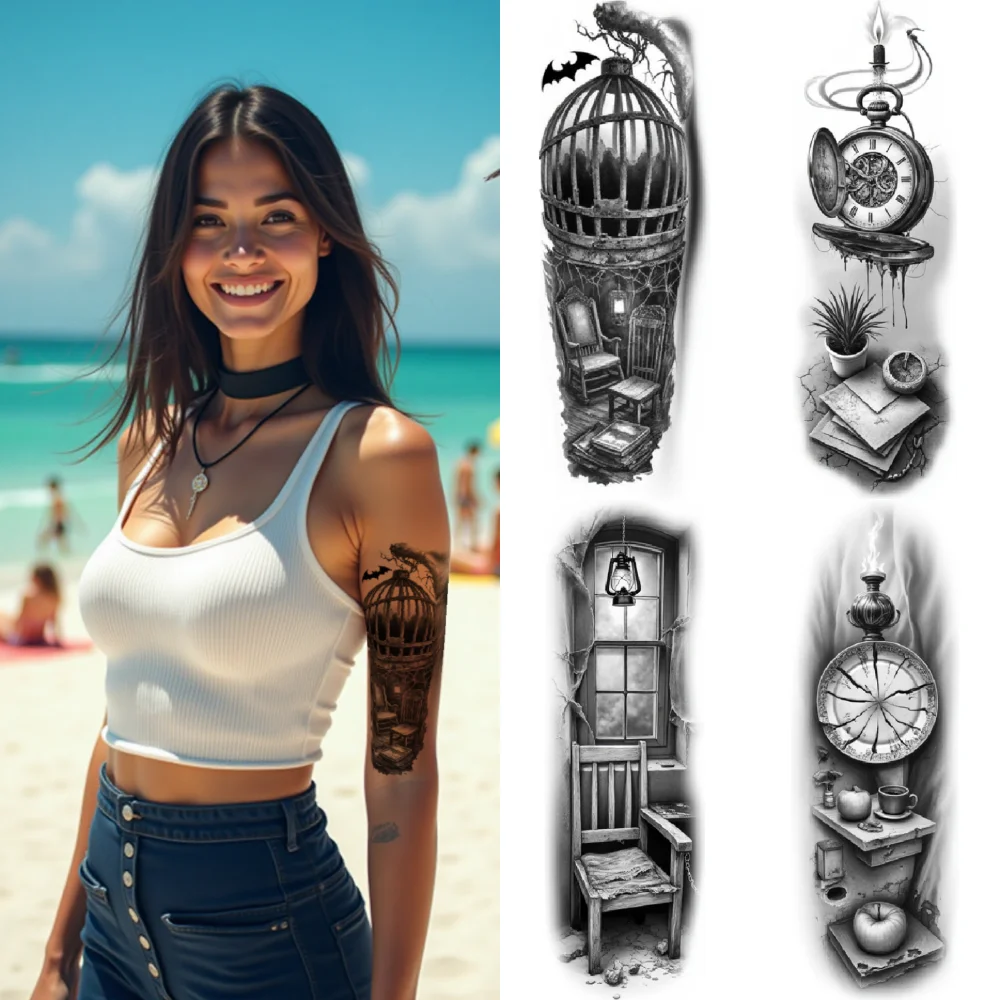 3pcs Temporary Tattoo Candlestick And Drawer Realistic Temporary Tattoos Chair And Window Flowers And Castle For Thighs Men