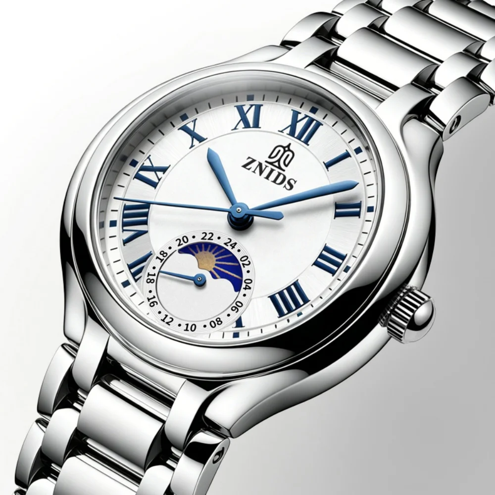Light Luxury Women's Quartz Wristwatch with Roman Numerals and Moon Phase Design, Steel Band Watch, Waterproof and Scratch-Resistant, Suitable for Commuting, Niche High-End Versatile Fashion Watch, Suitable for Daily Wear in the Workplace and Business, Practical Gift for Girlfriend or Best Friend
