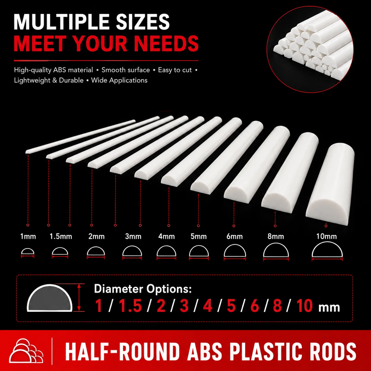 Barres en plastique ABS demi-rondes de 250/500mm de long, matériau léger et facile à découper pour la fabrication de modèles, l'architecture et la conception de tables de sable, 9/10 pièces