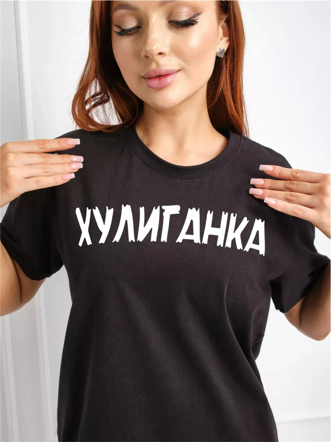 

ХУЛИГАНКА Letter Print Tee Largesized Women's T-Shirt In Black Color Casual Summer Cotton Tee Drop Shipping