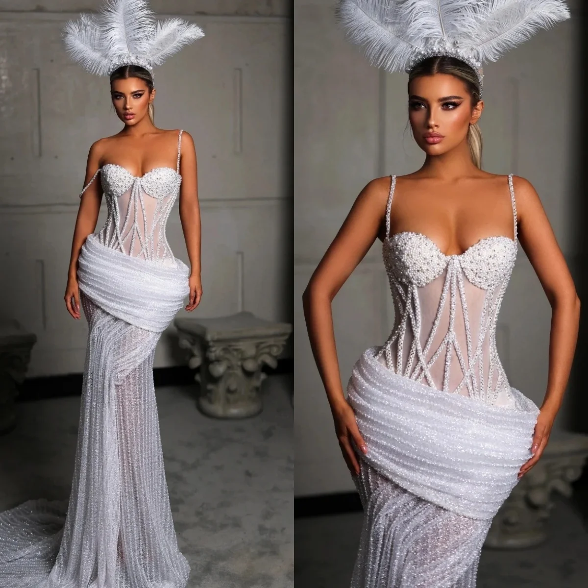 Vestidos de novia de lujo con tirantes finos para mujer, vestidos de novia sexis de encaje con cuentas, vestido de novia de cristal con suelo de barrido personalizado