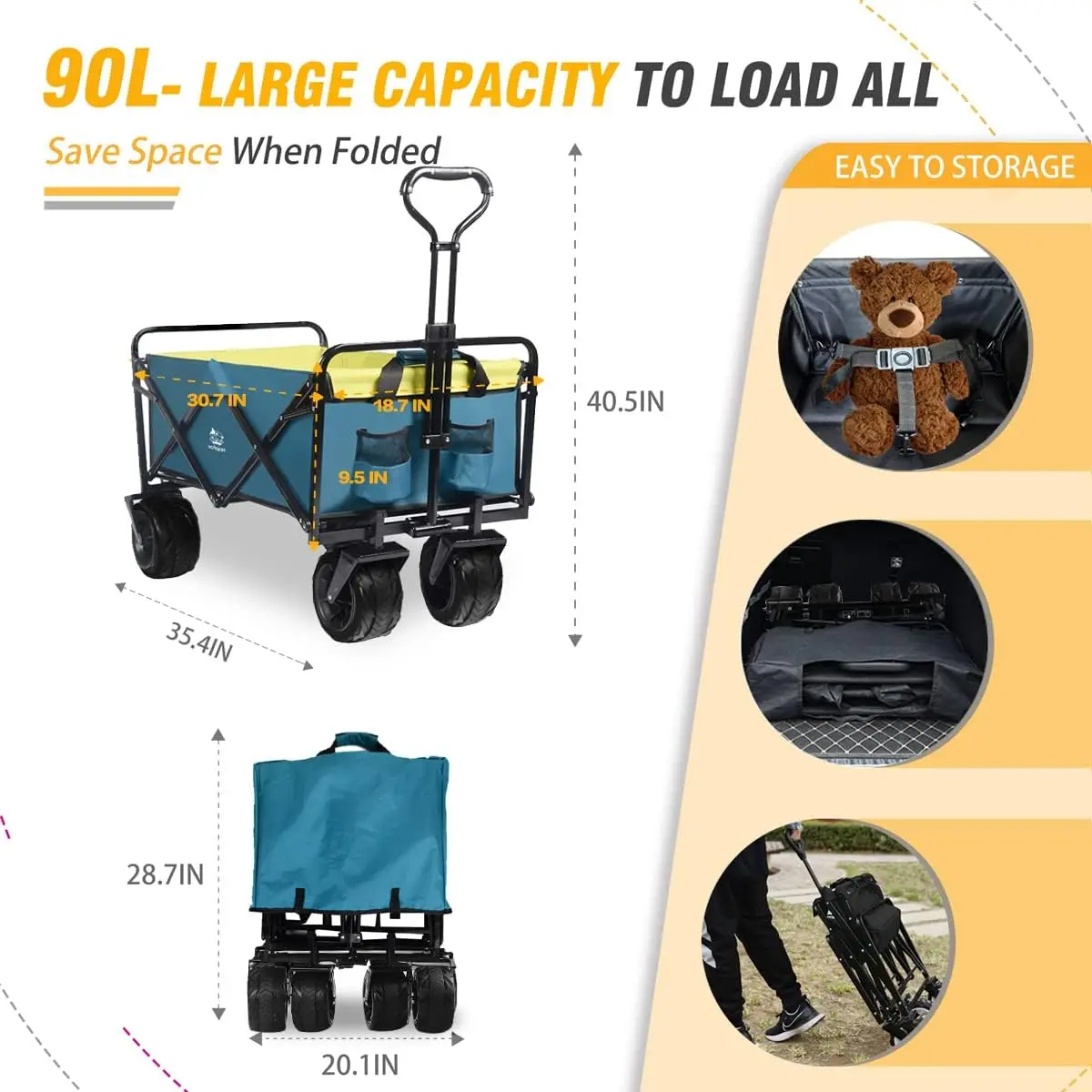 Collapsible Wagon Cart Heavy Duty Foldable Beach Wagon with Big Wheels for All-Terrain Utility Beach Cart for Camping