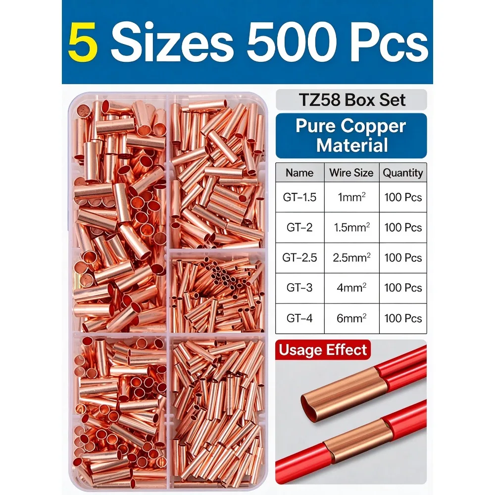 250/500pcs Cold Pressed Copper Connecting Tube Set, Wire Crimp Ferrule Splice Sleeve, Electrical Cable Joint Terminal Connector