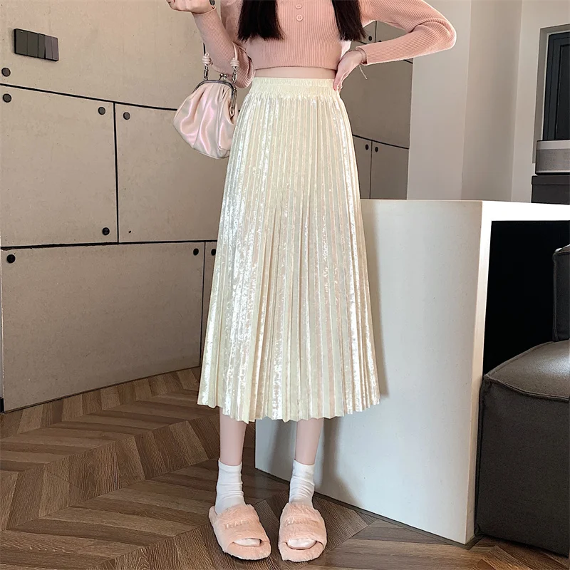 

Velvet Skirt Women Pleated Korean Autumn Versatile Classic Gold Retro Fashion Solid Color Medium Long Casual A Line Skirt