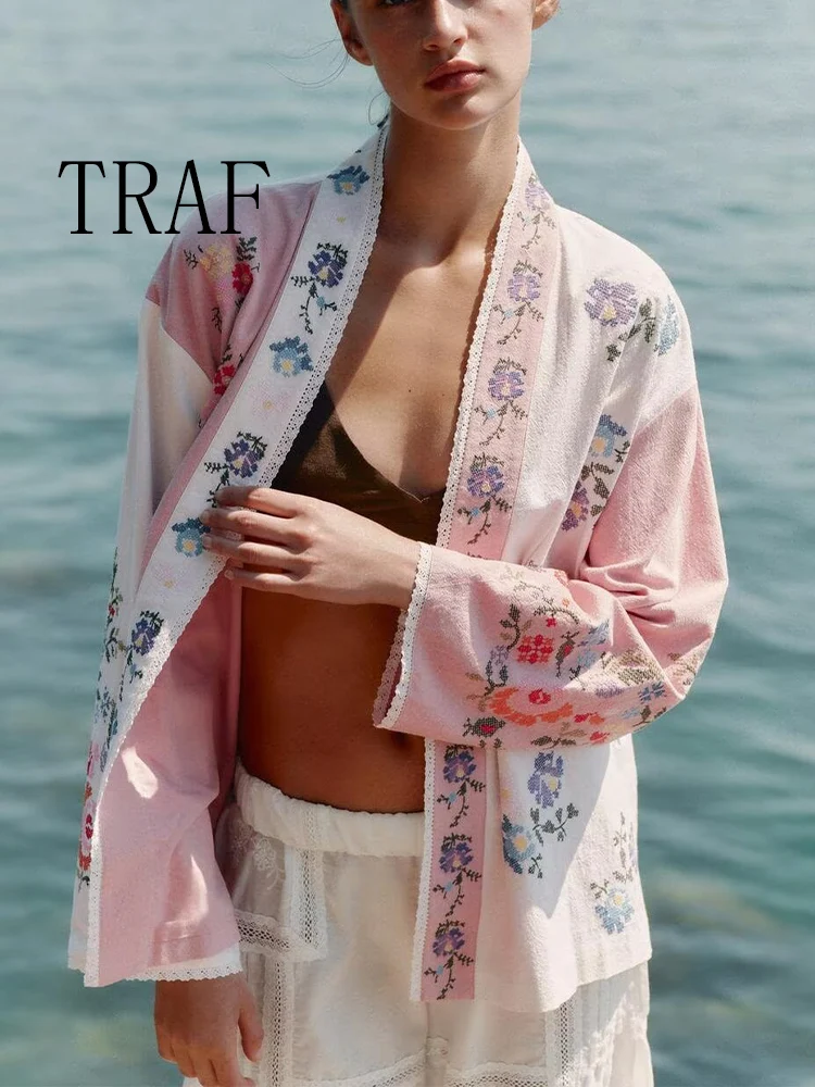 

TRAF European and American style autumn new fashion trend women's design loose flower embroidered long shirt