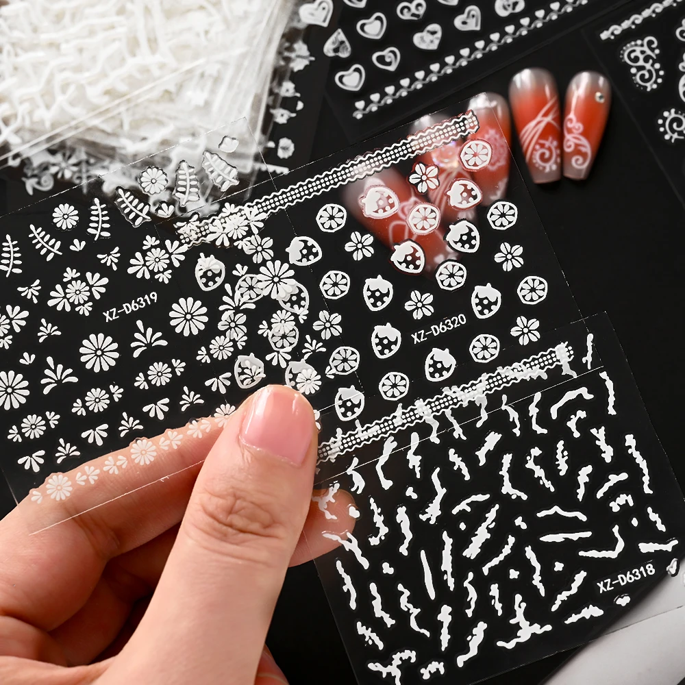 30 個 3D ホワイトフレンチフラワーリーフネイルステッカー愛、スター、幾何学ライン自己粘着ネイルデカールレトロウェディング DIY スライダー &