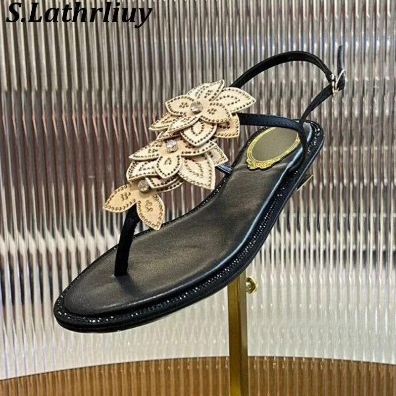 2025 Summer Shiny Crystal Flip Flops Sandals Women's Bling Bling Flower Decoration Ankle Strap Sandalias Casual Vacation Shoes