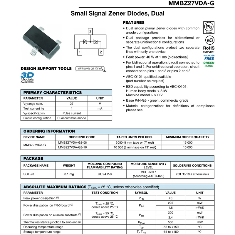 10PCS MMBZ27VDA-G3-18 SOT-23 MMBZ27VDA TA8 Dual small signal Zener diode Zener diode Zener diode