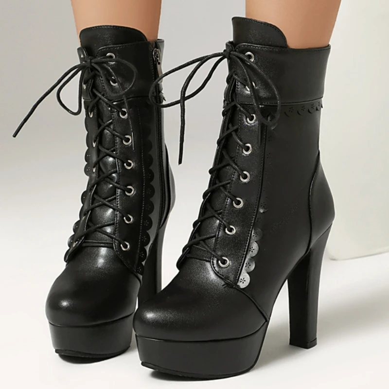 

Женские ботильоны на платформе, модные черные короткие ботинки на высоком каблуке, вечерние туфли на шнуровке, женские туфли, большой размер 47, новинка 2026 года, весна