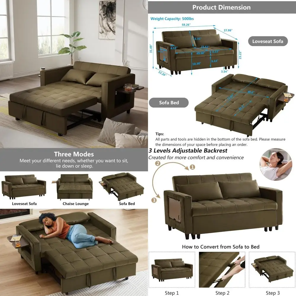 

Диван-кровать-трансформер с бархатной обивкой, двухместный диван-кровать с регулируемой спинкой, современный 2-местный диван с выдвижной кроватью для комфорта