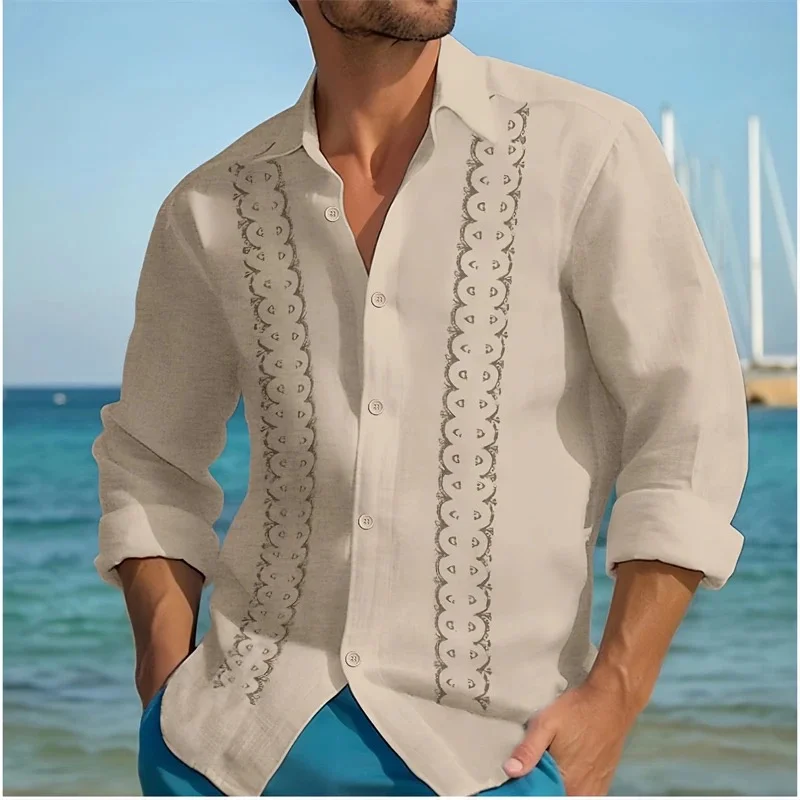 Camisa de moda para hombre con rayas dobles y estampado geométrico, camisa informal de manga larga de lino con botones para hombre, primavera para