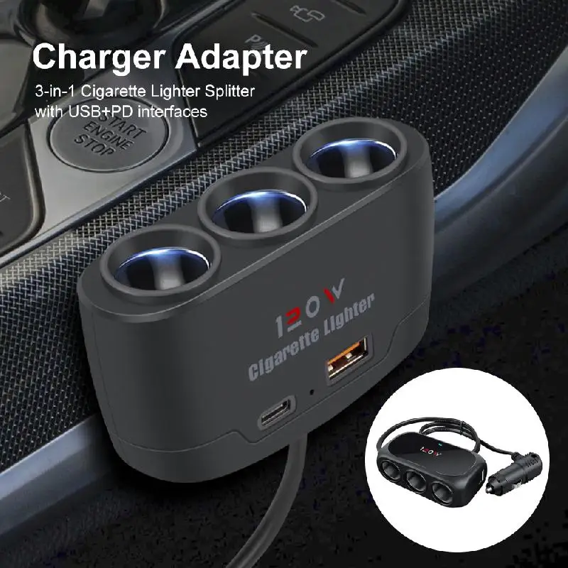 

120W Car Charger Adapter 12V 24V 3 Socket Cigarette Lighter Splitter Dual USB LED Car Fast Charger For IPhone IPad GPS Dashcam