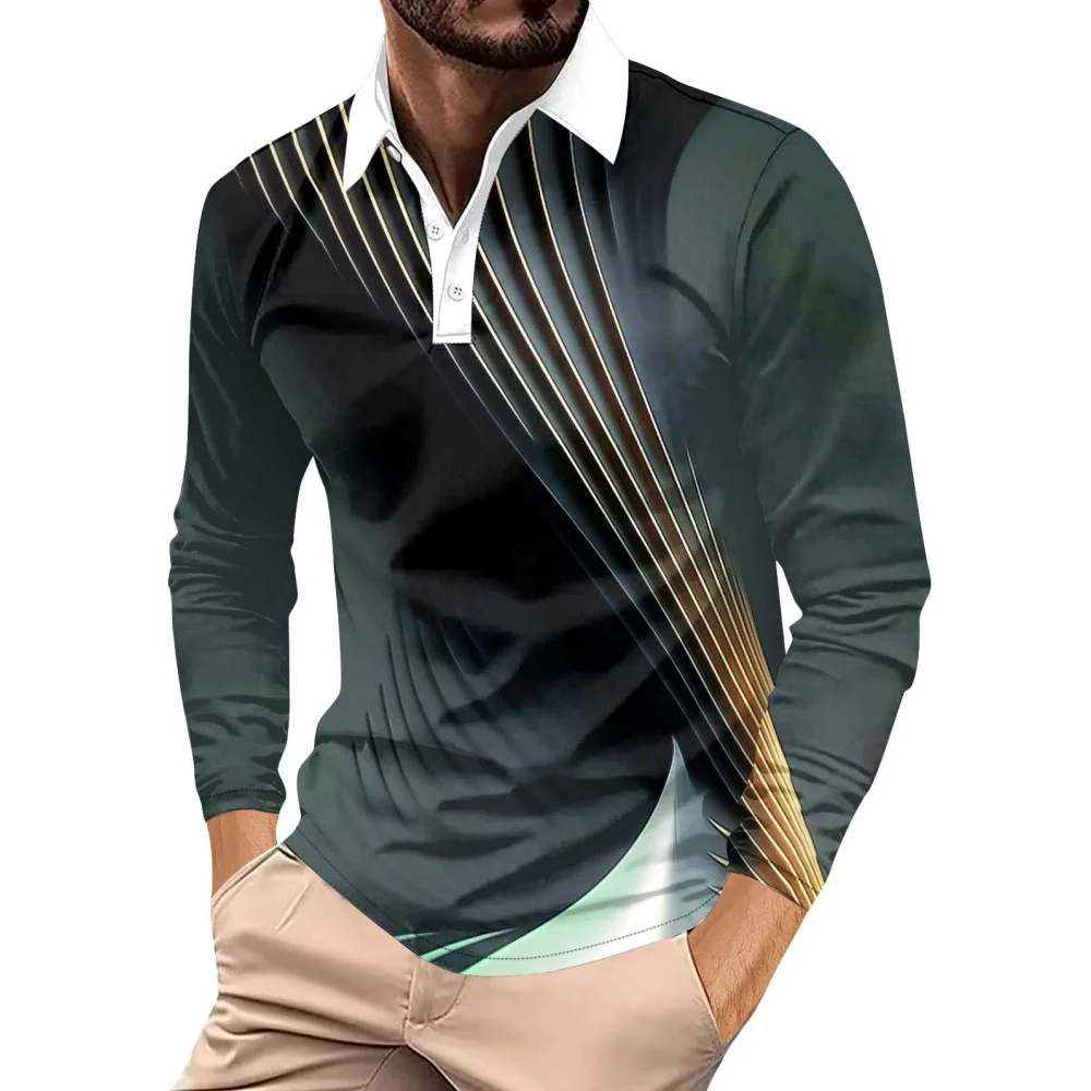 

Fashion Cool Long Sleeve Polo Shirt For Men Colorful Stripe Print Lapel Button Long Sleeve Tops Autumn Casual Breathable Clothes