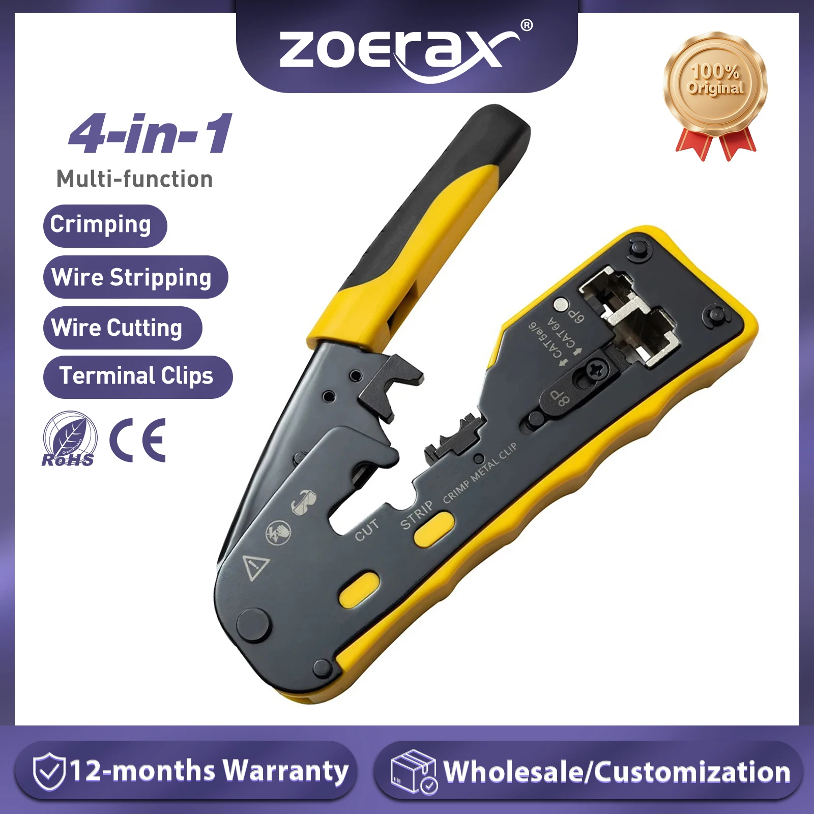 Zoerax Tools Zaciskarka modułowa z mechanizmem zapadkowym do kabli danych / Ściągacz izolacji / Obcinak do kabli CAT5e CAT6 CAT6A/7/8, złącze przelotowe RJ45