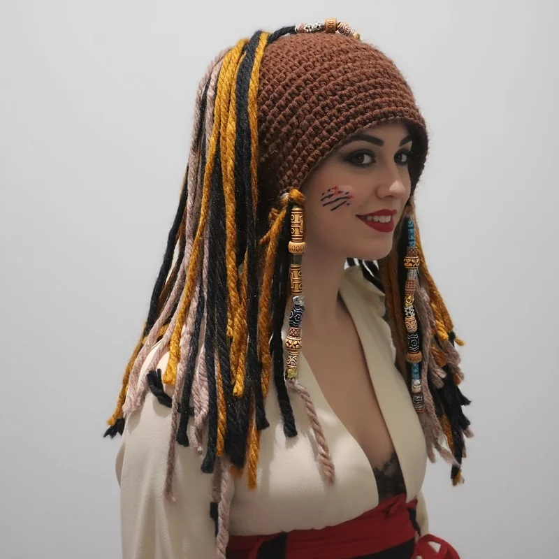Handmade Crochet Pirate Beanie with Dreadlock Tassels & Beaded Charms Elastic Unisex Wig Hat for Ren Faire Themed Roleplay
