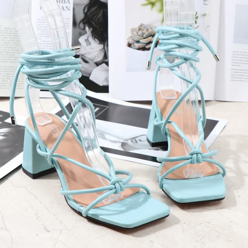 Women's Sandals 2022 Summer New Black PU Thin Strap Ankle Cross Straps High Heels Fashion Casual Thick Heel Women's Shoes 36-42