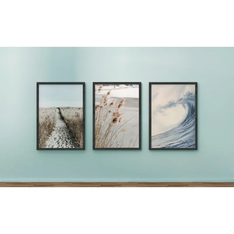 3PCS Large-sized frameless canvas paintings,Boho Neutral Coastal Wall Art Set, Dried Pampas Grass Ocean Wave Beach Canvas Prints