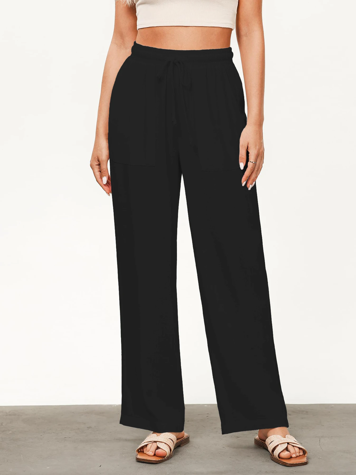 Einfarbige, lockere, weit geschnittene Hose für Damen, lässige, gerade Hose mit Kordelzug, lässige Hose mit Taschen, lockere Hose mit hoher Taille – Detail 4