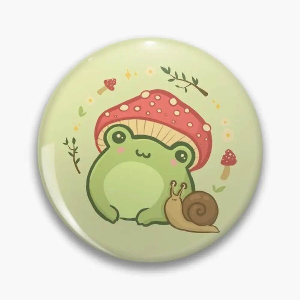 Cute Kawaii Frog with Toadstool Mushroom Hat and Snail: Cottagecore Aesthetic Love Pin Buttons Brooches  Jewelry Accessory Cu