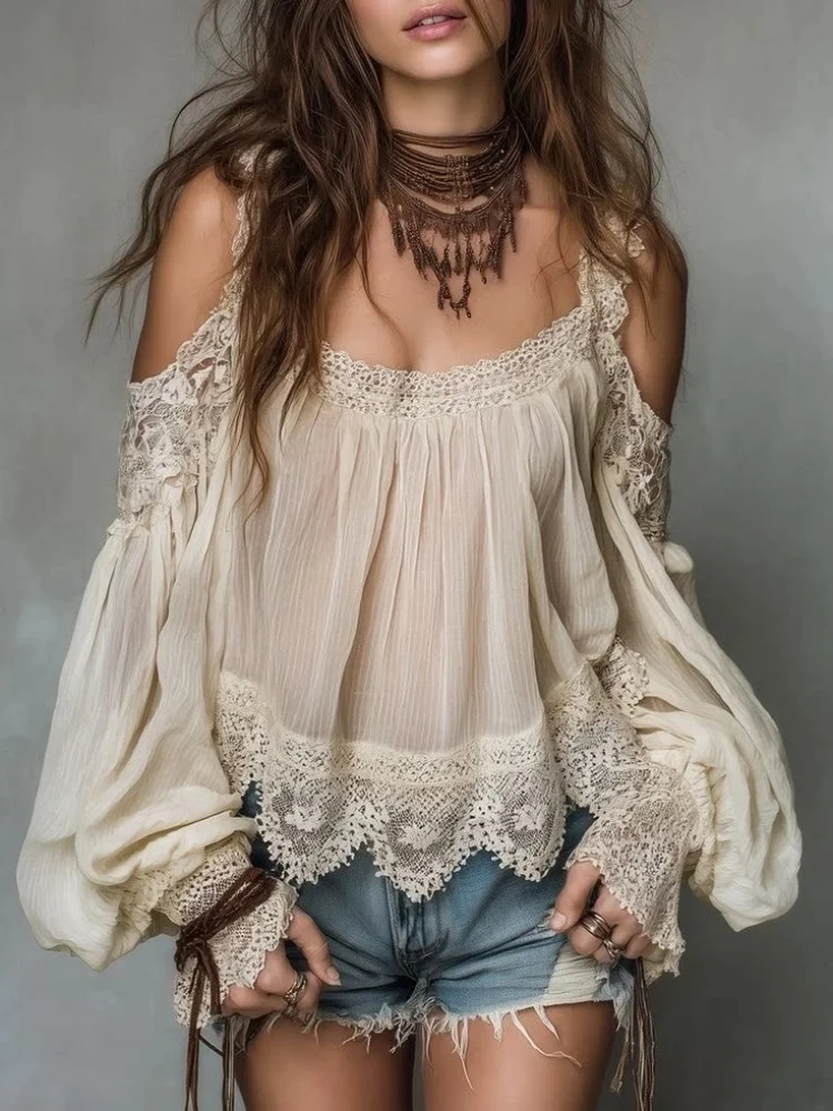 Women's Boho Shirt Off Shoulder Lace Trim Lantern Sleeve Vintage Sexy Sweet Blouse Top Hollow Out Casual Lace Blouse Tops