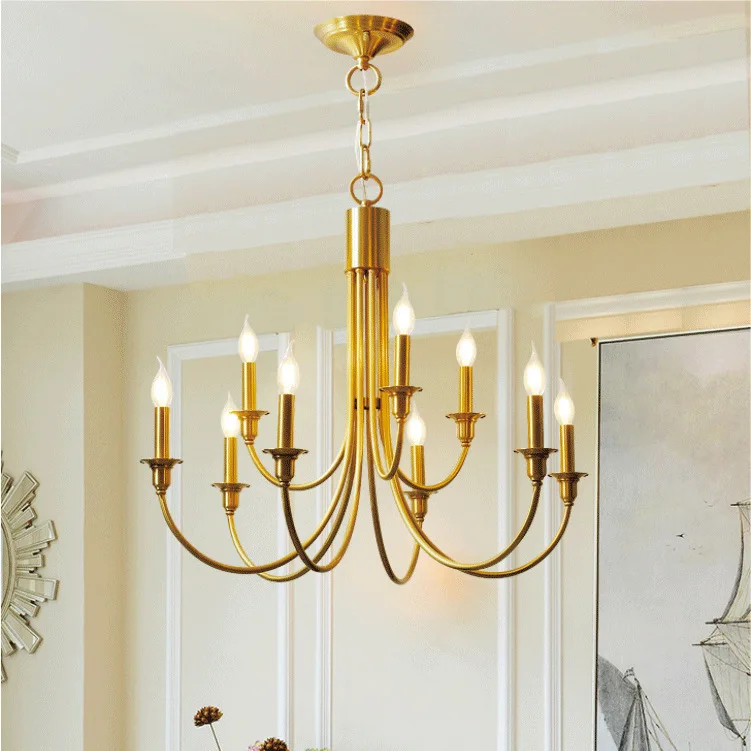 American Solid BrassCandle Chandelier French Magazine Pendant Light for LivingDining Bedroom Villa Study High Ceiling Decor Lamp
