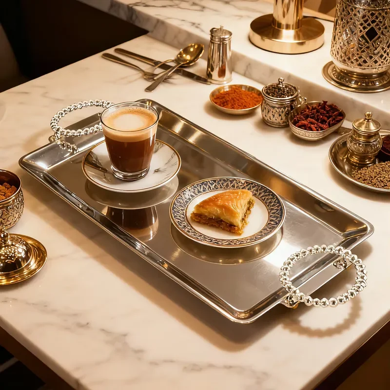 Modern Luxury Silver Stainless Steel Tray with Handle for Ramadan 2026 Home Decor Elegant Serving Platter for Living Room