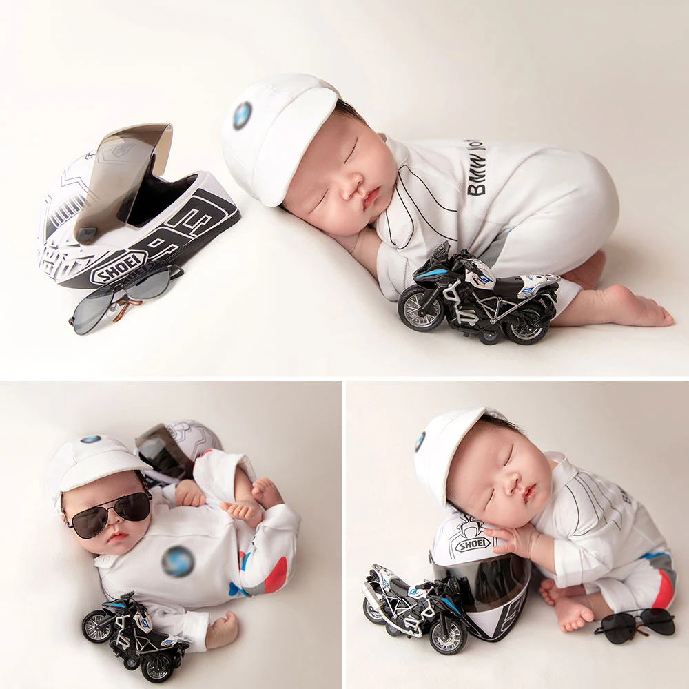 

0-1 Month Newborn Photography Props Motorsport Style Outfits with Matching Hat and Helmet Baby Costume Set for Photographer