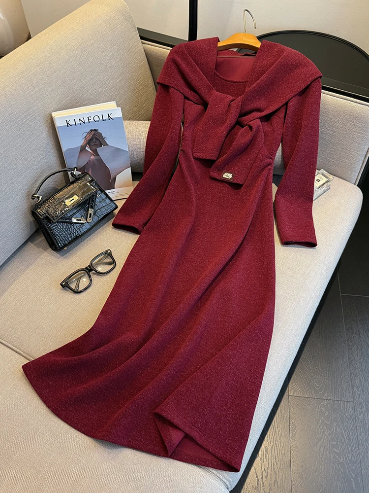

New Year Red Knitted Dress Women's Spring 2026 Waist-Cinching Slimming Korean Style A-Line Skirt Standard Fit Daily Wear