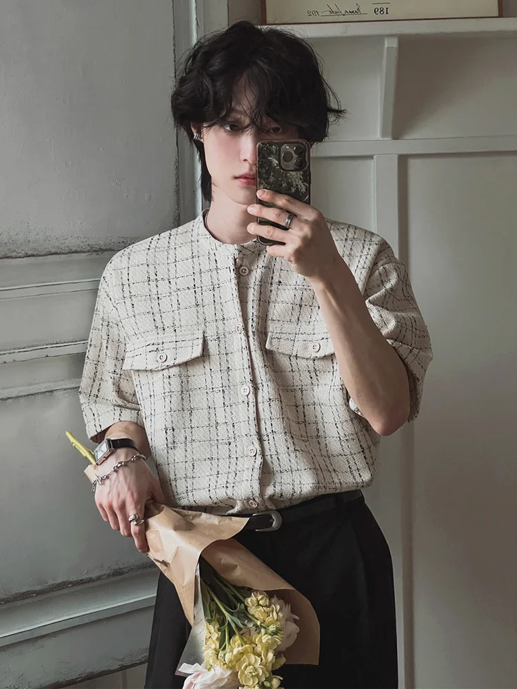Summer New Plaid Short Sleeve Loose Fit round Neck Men's Shirt Korean Striped Casual Outerwear Cardigan Youth Fashion