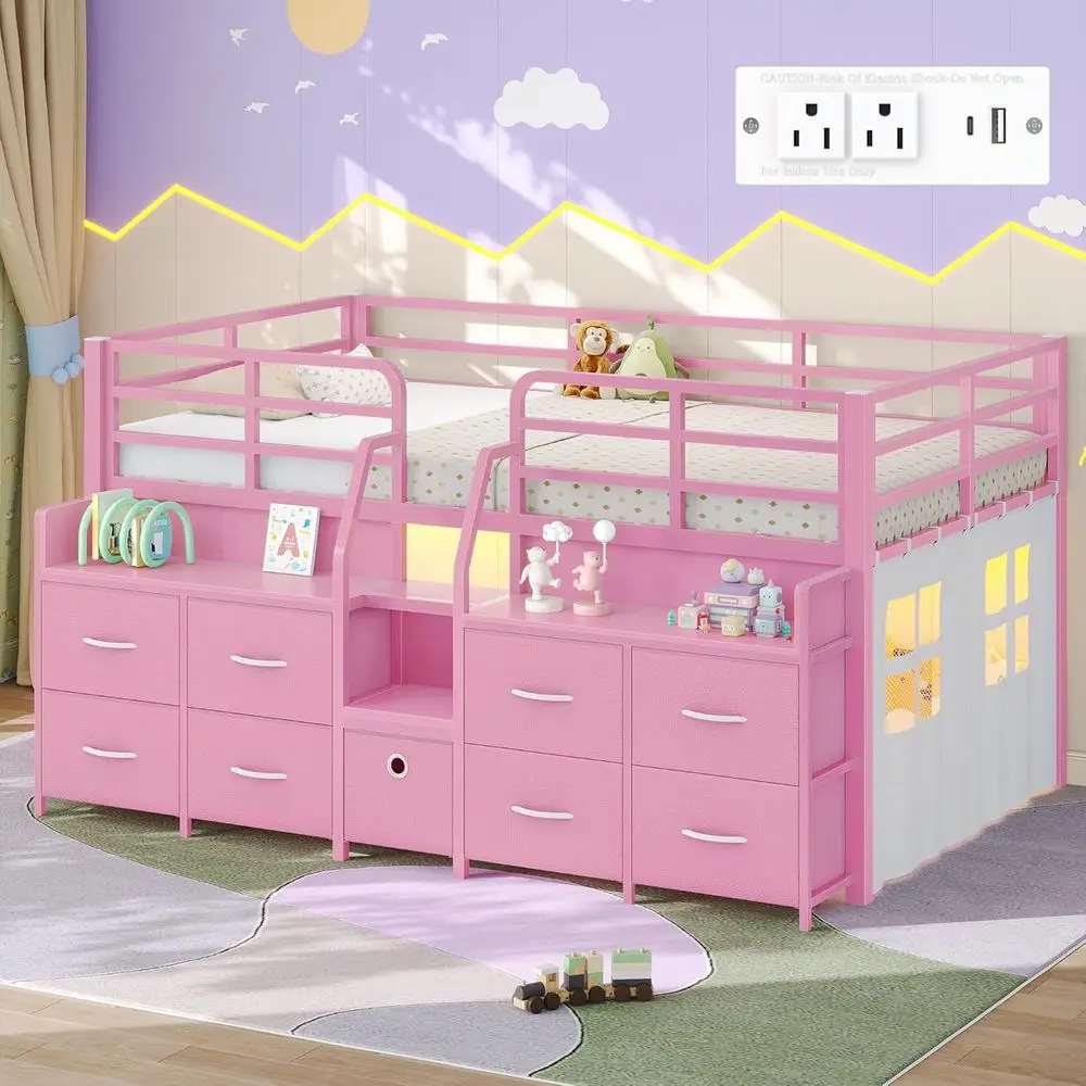 

Low Loft Twin Bed with 9 Drawers, 2 Bookcases, LED Lights, Charging Station, 15 Safety Rail, Under-Bed Play Area, Pink